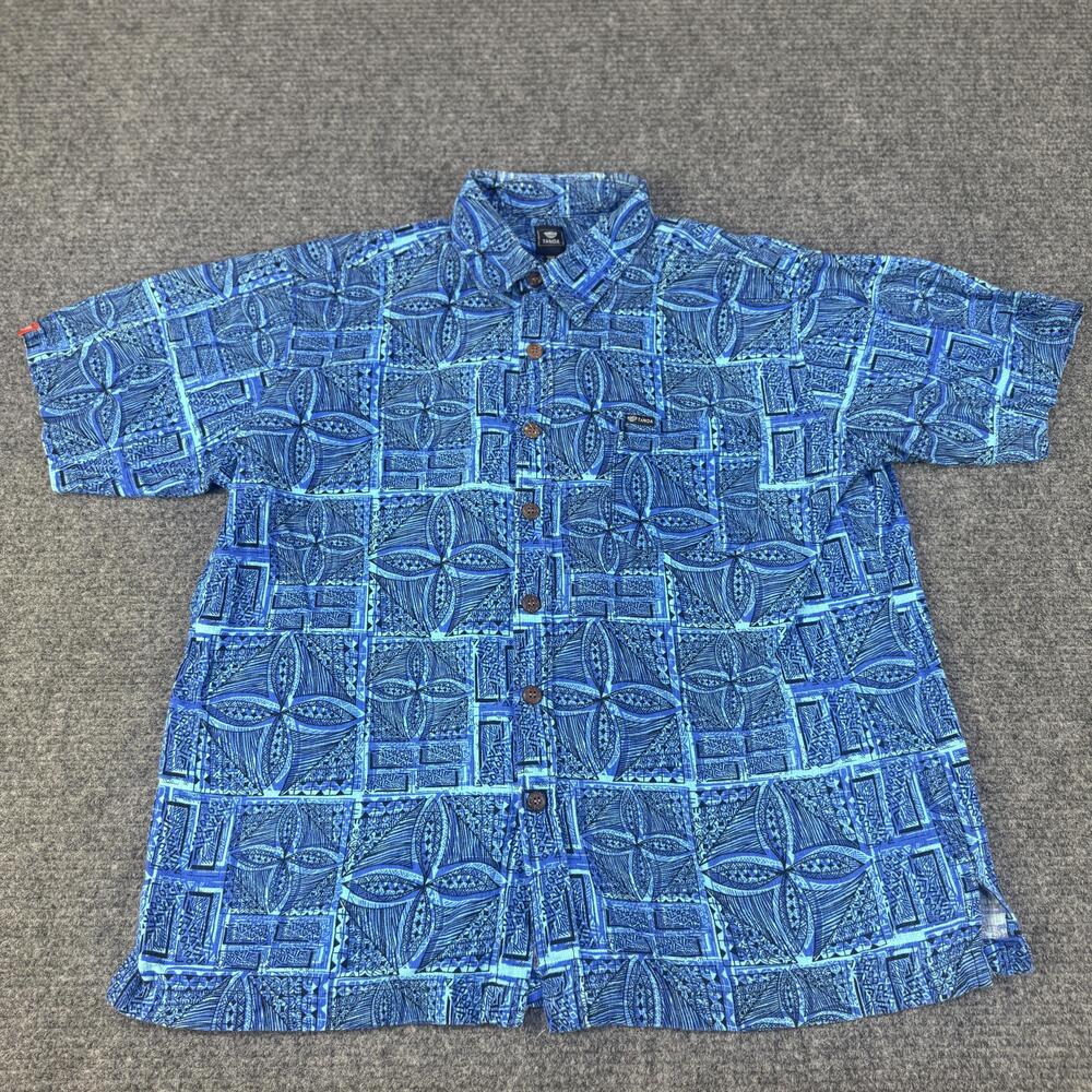 Tanoa Shirt Mens 2XL Blue Aloha Hawaiian Button Down Short Sleeve Tribal Print
